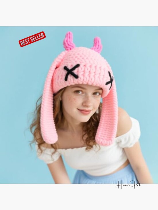 Knit Beanie Hat Long Ears Cute Funny Winter Warm Skull Cap Ski Beanie LXYZXZ Bunny Long Ears Funny Hat Fluffy Winter Cap Warm Knit  main image 3
